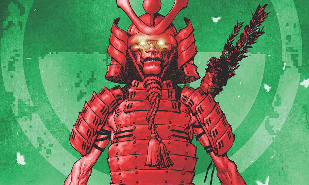 The red ghost of a samurai is in front of a green background. The background has a radiation symbol on it.