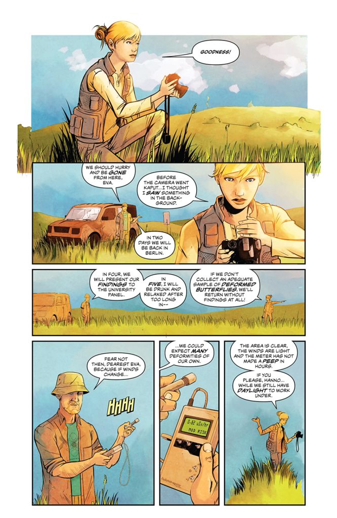 An letterd page of art from Disaster Inc issue 1. A female photographer is taking pictures of various butterflies.