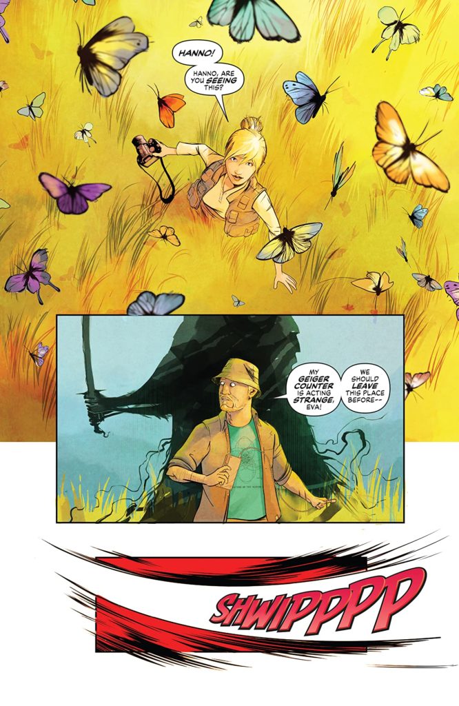 A lettered page of art from Disaster Inc issue 1. Main image shows a man with a shadowy figure holding a sword behind him.