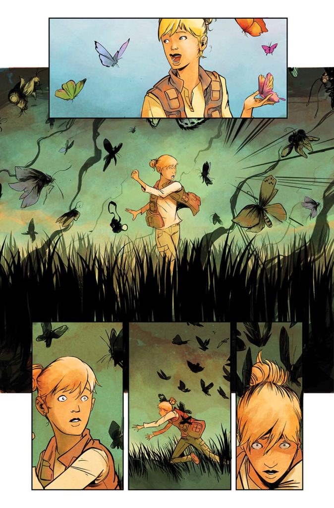 An unlettered page of art from Disaster Inc issue 1. Main image has a female photographer surrounded by bugs and darkness.